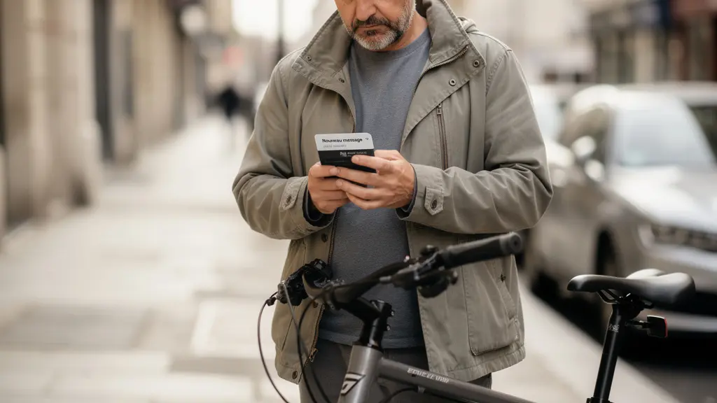 Cycliste urbain regardant son smartphone avec expression dubitative près de son vélo