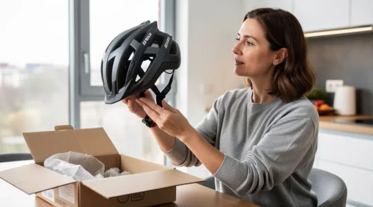 Cycliste urbaine vérifiant un casque vélo neuf sorti de son colis dans son appartement lumineux