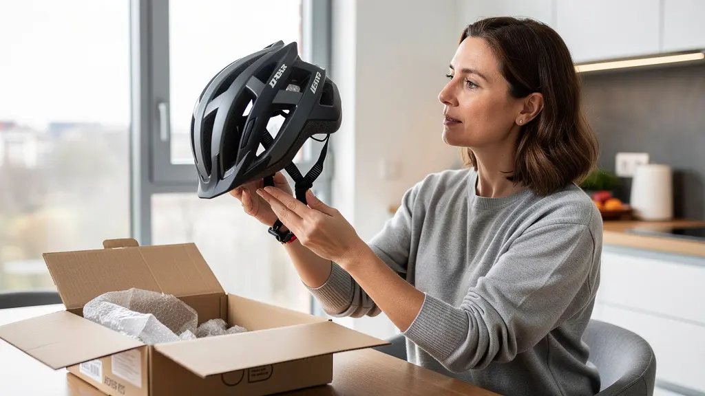 Cycliste urbaine vérifiant un casque vélo neuf sorti de son colis dans son appartement lumineux