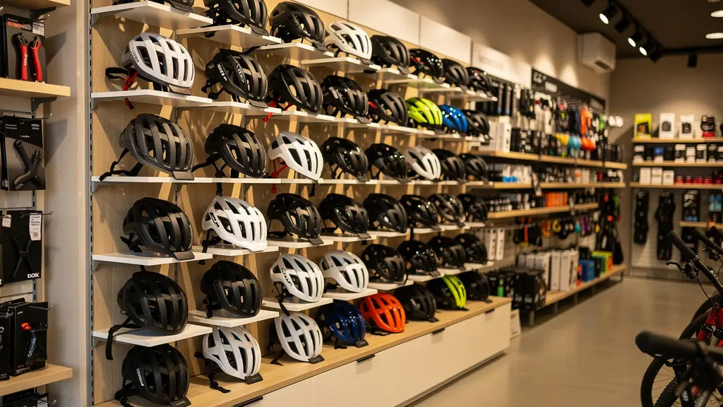 Rayon de casques vélo organisé dans une boutique cycliste spécialisée